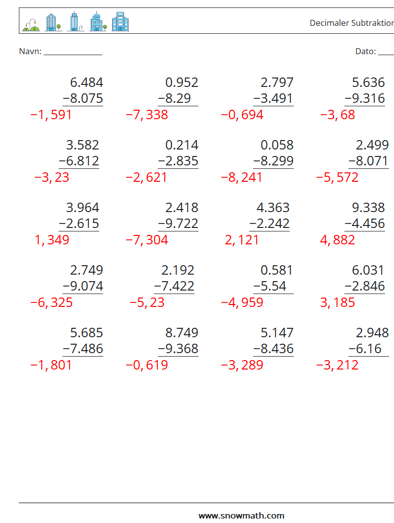 (25) Decimaler Subtraktion (3 cifre) Matematiske regneark 1 Spørgsmål, svar