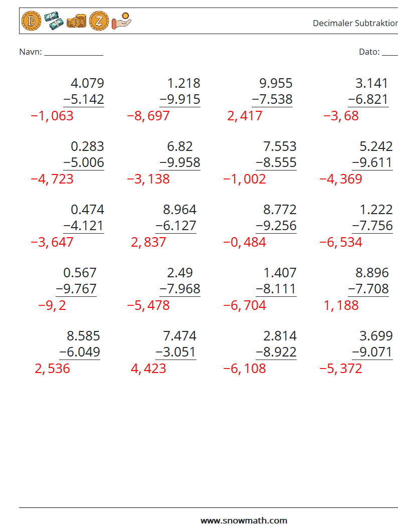 (25) Decimaler Subtraktion (3 cifre) Matematiske regneark 2 Spørgsmål, svar