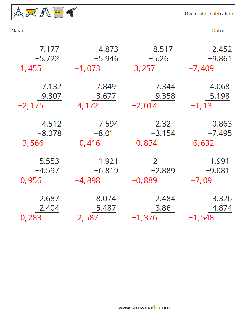 (25) Decimaler Subtraktion (3 cifre) Matematiske regneark 3 Spørgsmål, svar