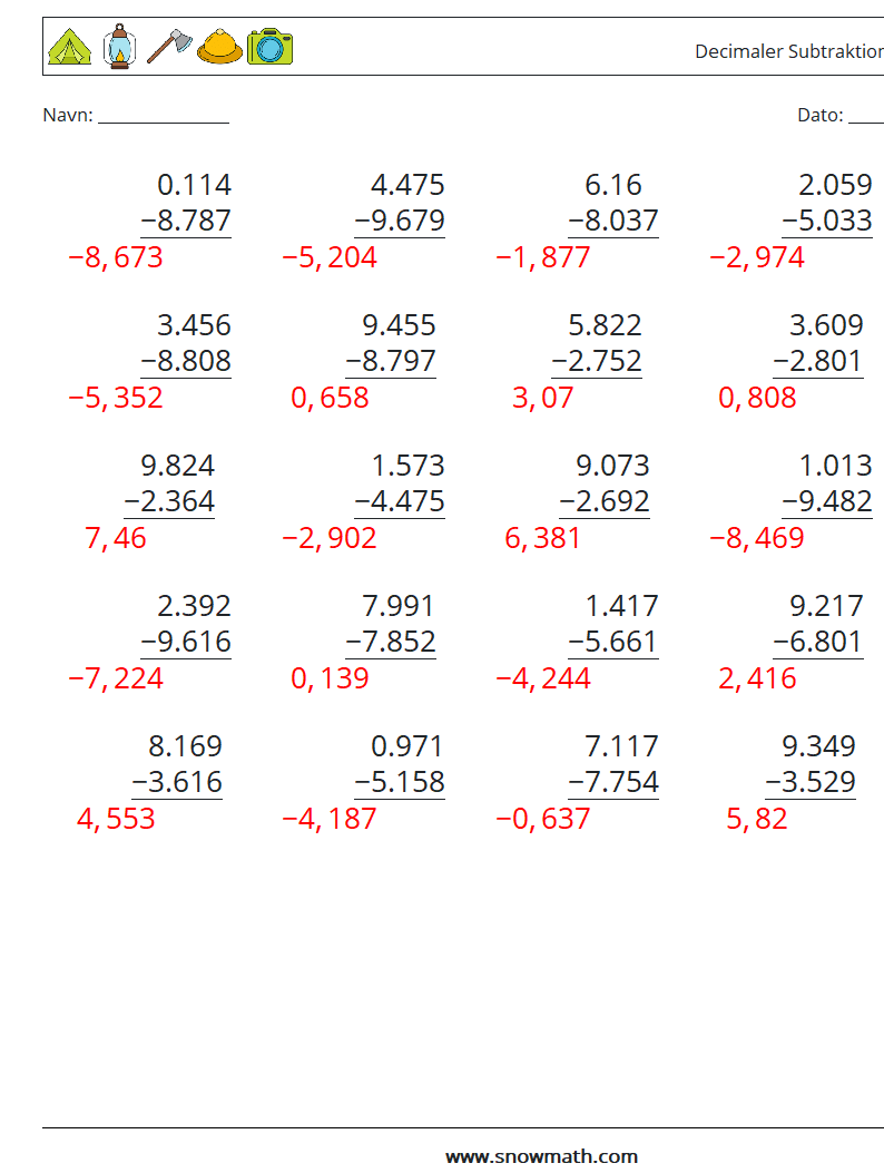 (25) Decimaler Subtraktion (3 cifre) Matematiske regneark 4 Spørgsmål, svar