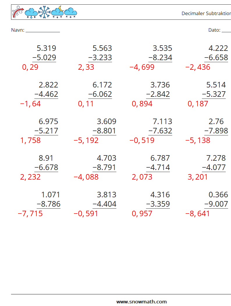 (25) Decimaler Subtraktion (3 cifre) Matematiske regneark 6 Spørgsmål, svar