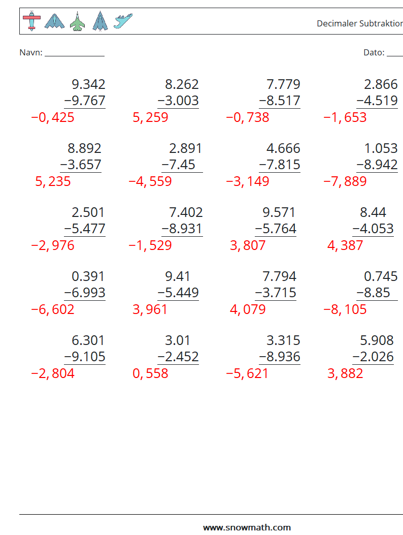 (25) Decimaler Subtraktion (3 cifre) Matematiske regneark 8 Spørgsmål, svar