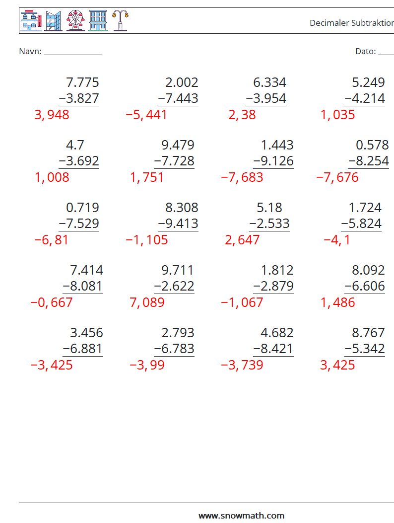 (25) Decimaler Subtraktion (3 cifre) Matematiske regneark 9 Spørgsmål, svar