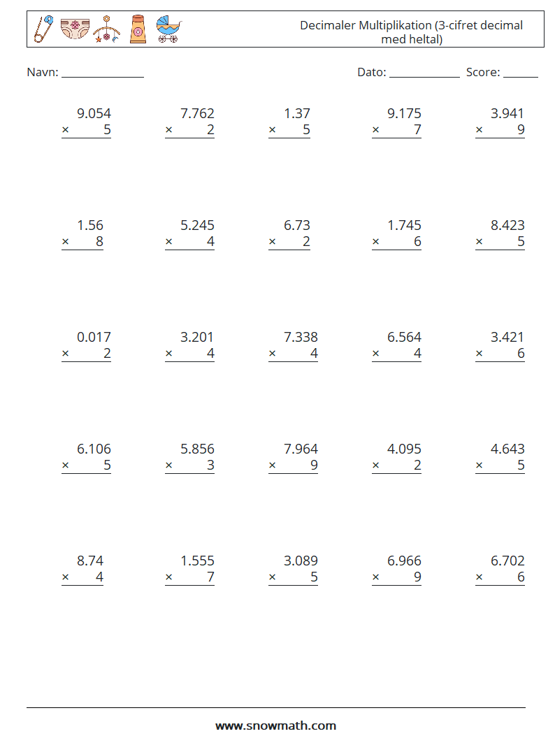 (25) Decimaler Multiplikation (3-cifret decimal med heltal) Matematiske regneark 1