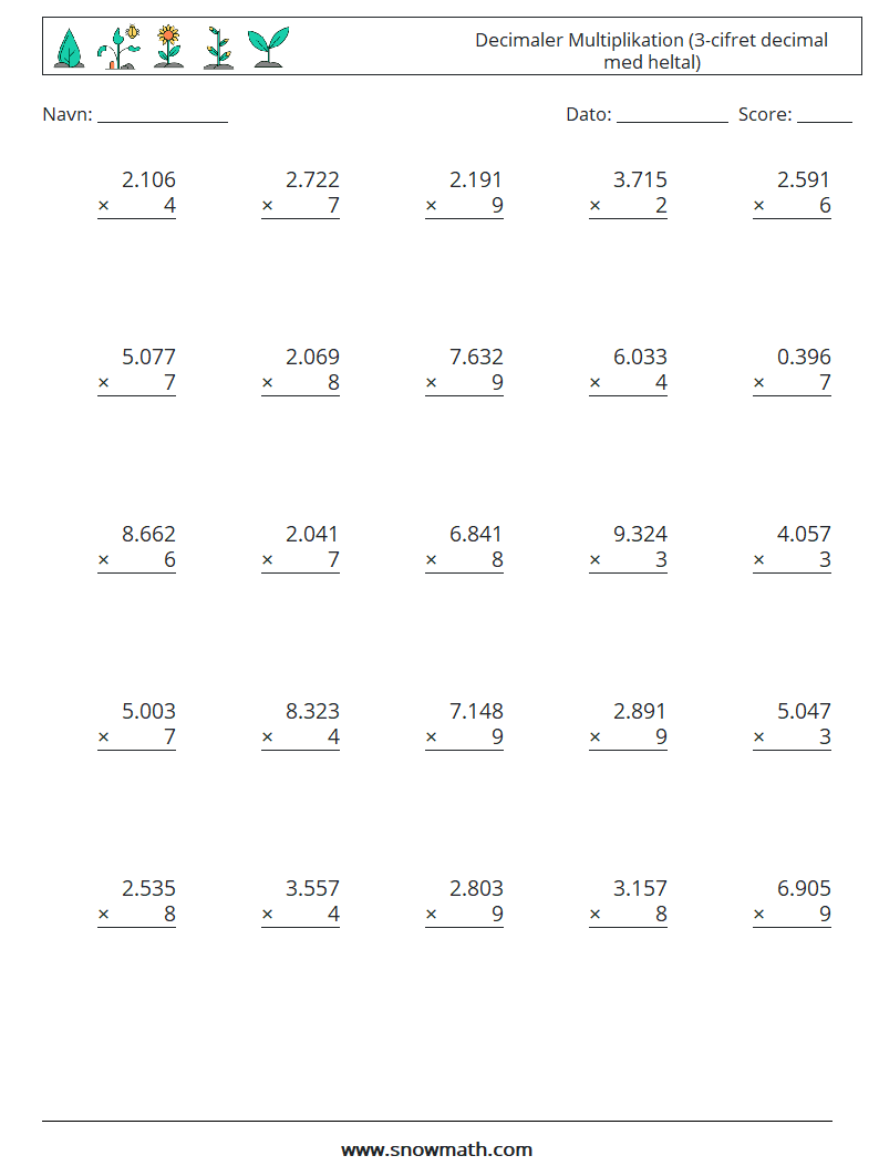 (25) Decimaler Multiplikation (3-cifret decimal med heltal) Matematiske regneark 10