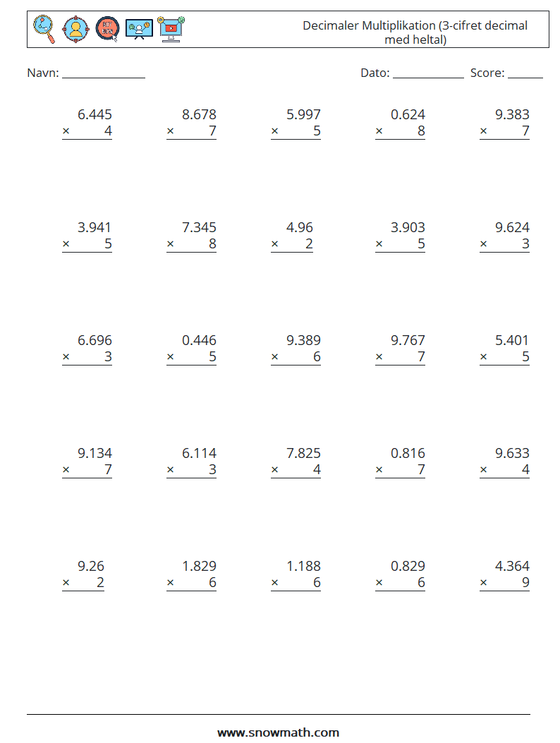 (25) Decimaler Multiplikation (3-cifret decimal med heltal) Matematiske regneark 11