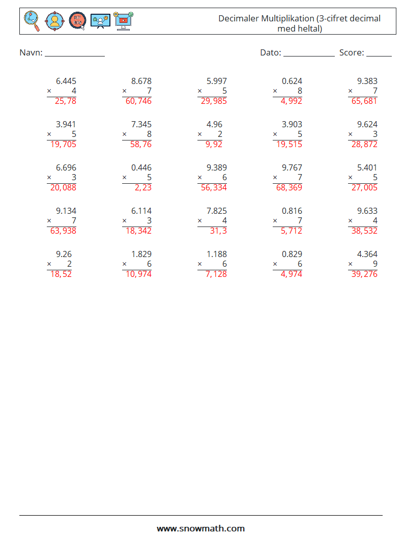 (25) Decimaler Multiplikation (3-cifret decimal med heltal) Matematiske regneark 11 Spørgsmål, svar