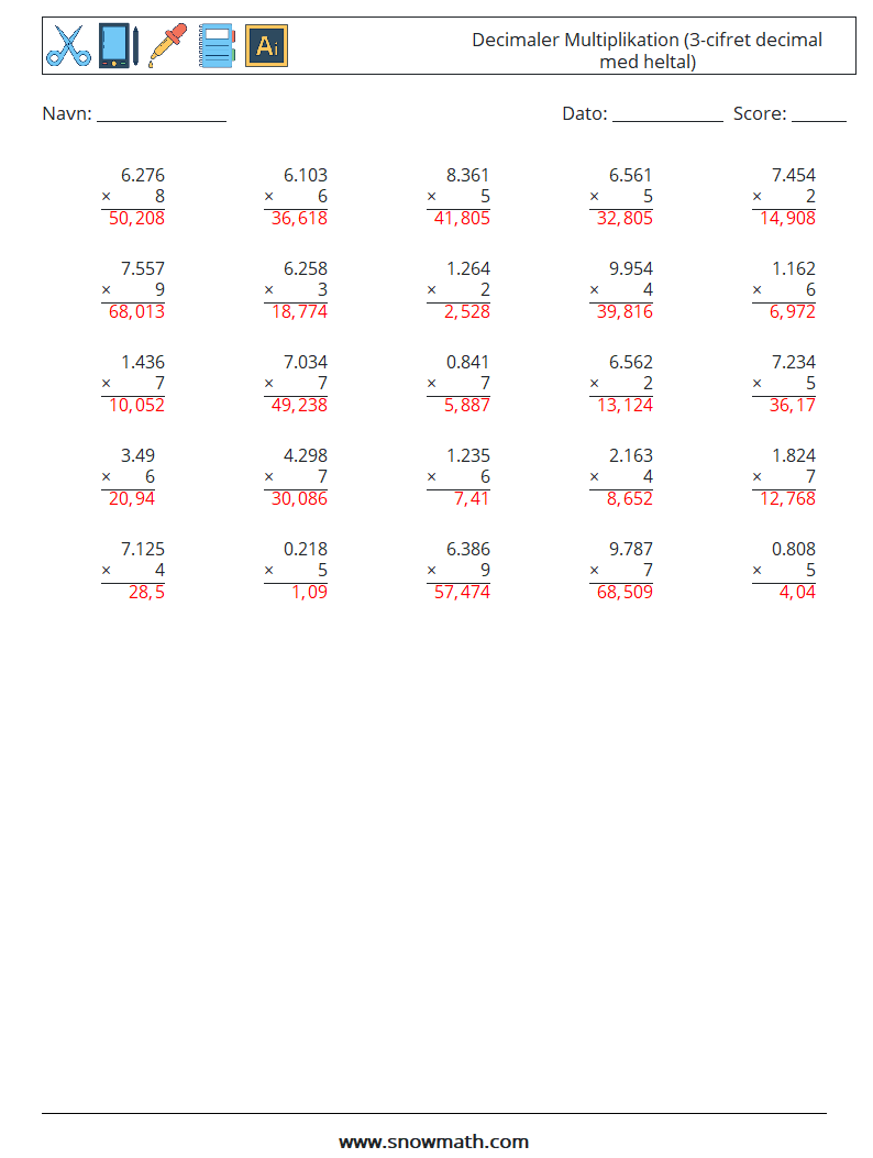 (25) Decimaler Multiplikation (3-cifret decimal med heltal) Matematiske regneark 12 Spørgsmål, svar