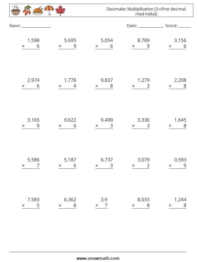 (25) Decimaler Multiplikation (3-cifret decimal med heltal) Matematiske regneark 13