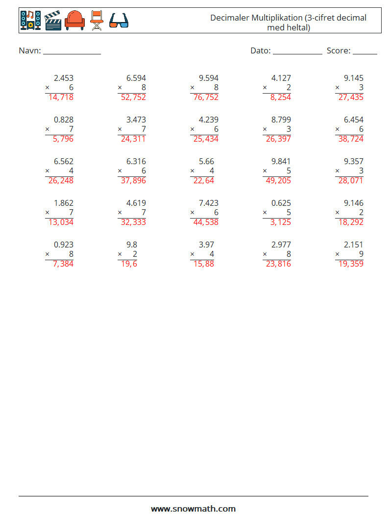 (25) Decimaler Multiplikation (3-cifret decimal med heltal) Matematiske regneark 14 Spørgsmål, svar