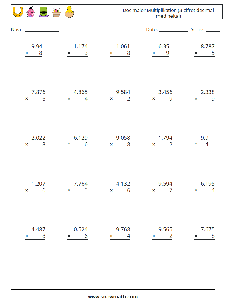 (25) Decimaler Multiplikation (3-cifret decimal med heltal) Matematiske regneark 15