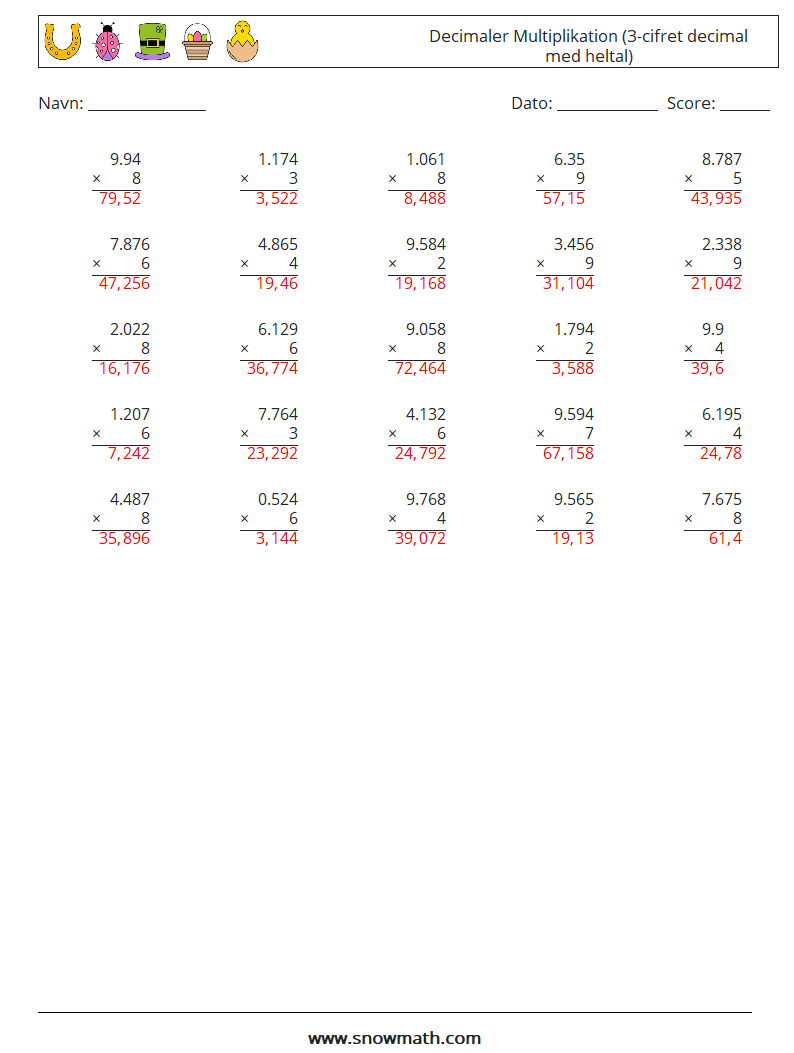 (25) Decimaler Multiplikation (3-cifret decimal med heltal) Matematiske regneark 15 Spørgsmål, svar