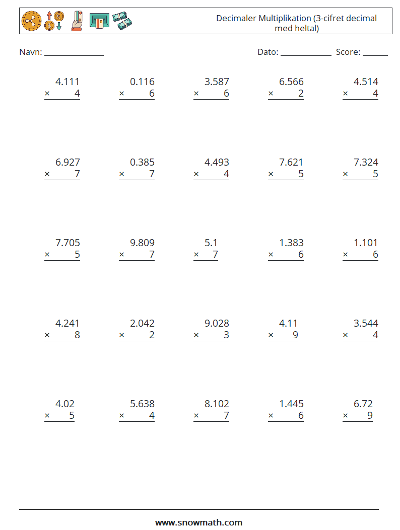 (25) Decimaler Multiplikation (3-cifret decimal med heltal) Matematiske regneark 16