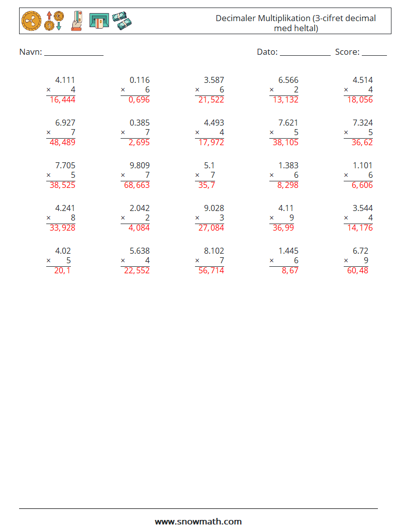 (25) Decimaler Multiplikation (3-cifret decimal med heltal) Matematiske regneark 16 Spørgsmål, svar