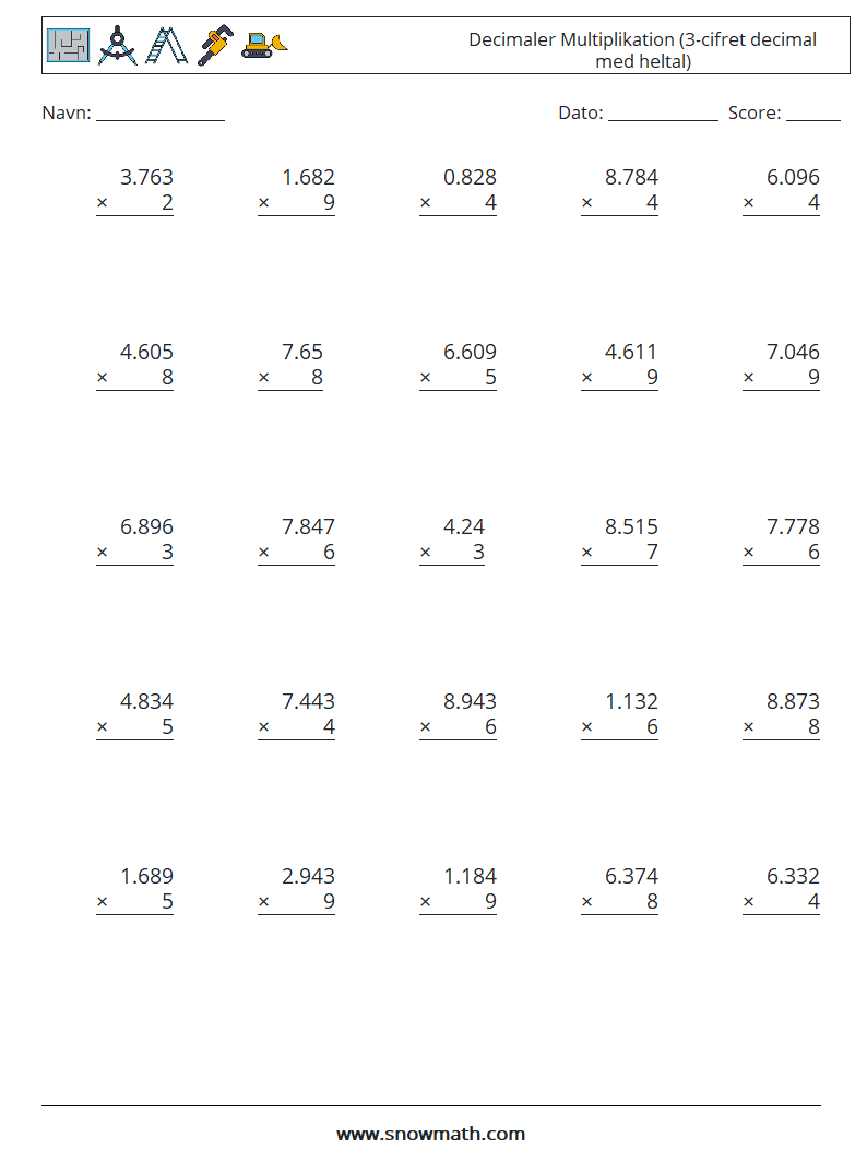 (25) Decimaler Multiplikation (3-cifret decimal med heltal) Matematiske regneark 17
