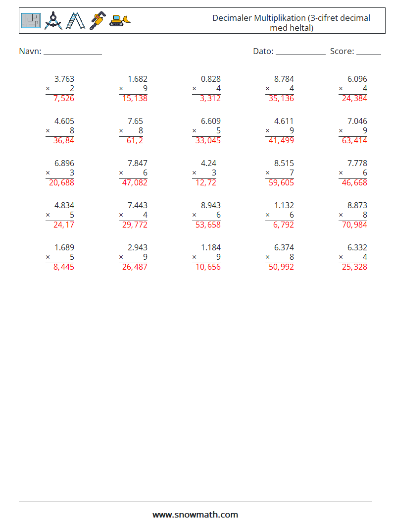 (25) Decimaler Multiplikation (3-cifret decimal med heltal) Matematiske regneark 17 Spørgsmål, svar