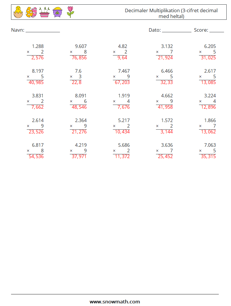 (25) Decimaler Multiplikation (3-cifret decimal med heltal) Matematiske regneark 18 Spørgsmål, svar