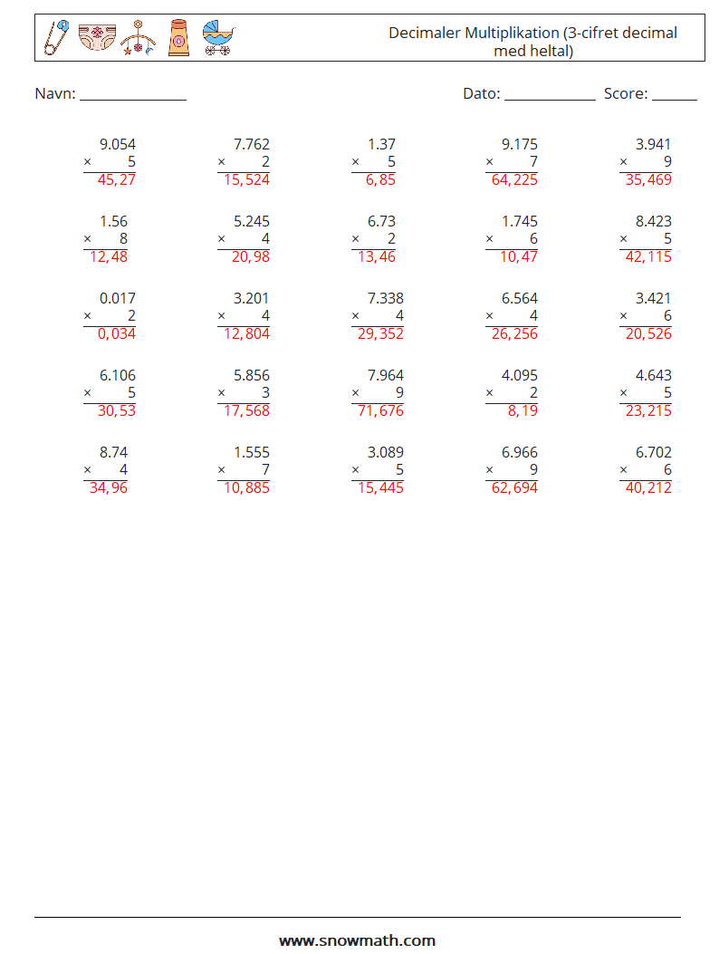 (25) Decimaler Multiplikation (3-cifret decimal med heltal) Matematiske regneark 1 Spørgsmål, svar