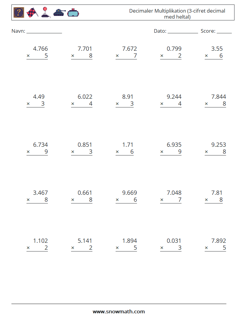 (25) Decimaler Multiplikation (3-cifret decimal med heltal) Matematiske regneark 2