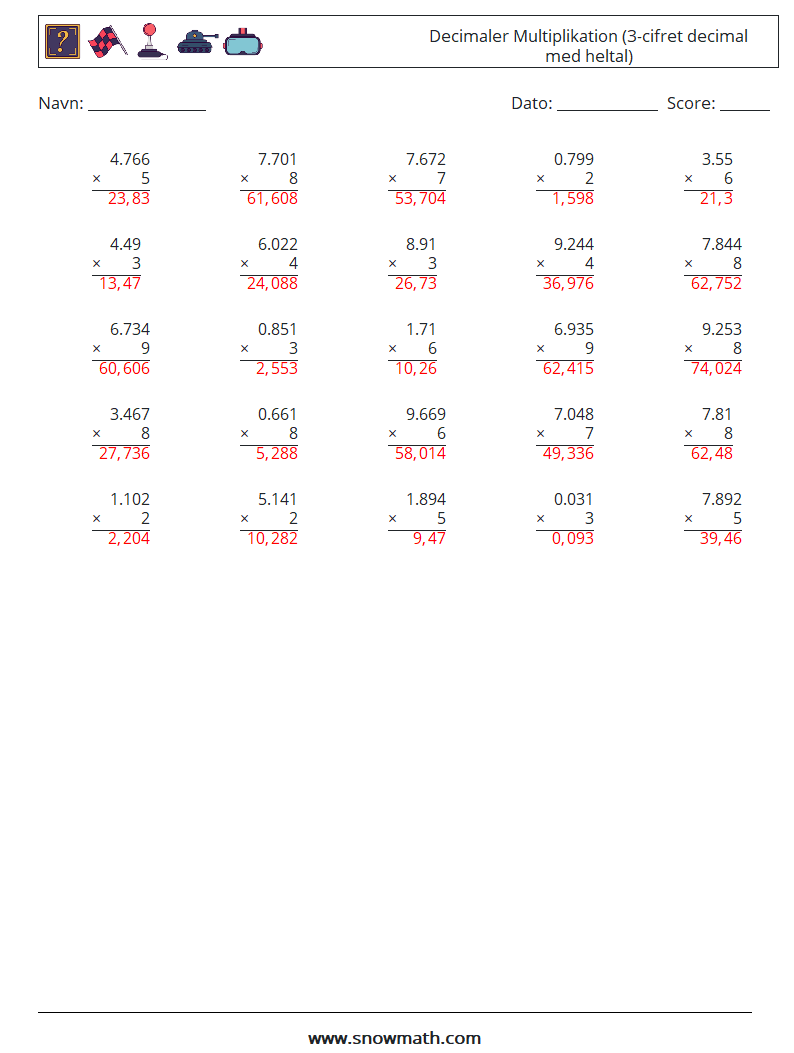(25) Decimaler Multiplikation (3-cifret decimal med heltal) Matematiske regneark 2 Spørgsmål, svar