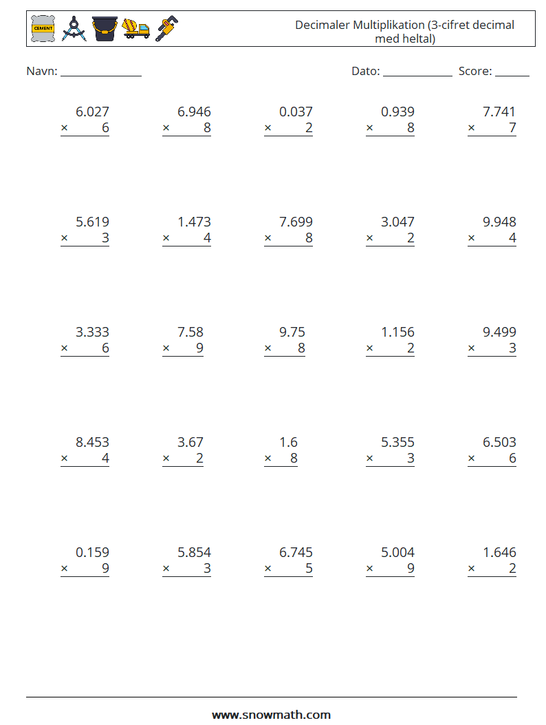 (25) Decimaler Multiplikation (3-cifret decimal med heltal) Matematiske regneark 3