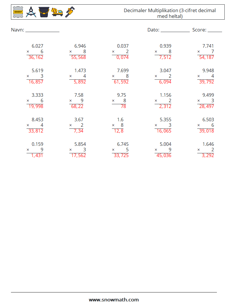 (25) Decimaler Multiplikation (3-cifret decimal med heltal) Matematiske regneark 3 Spørgsmål, svar
