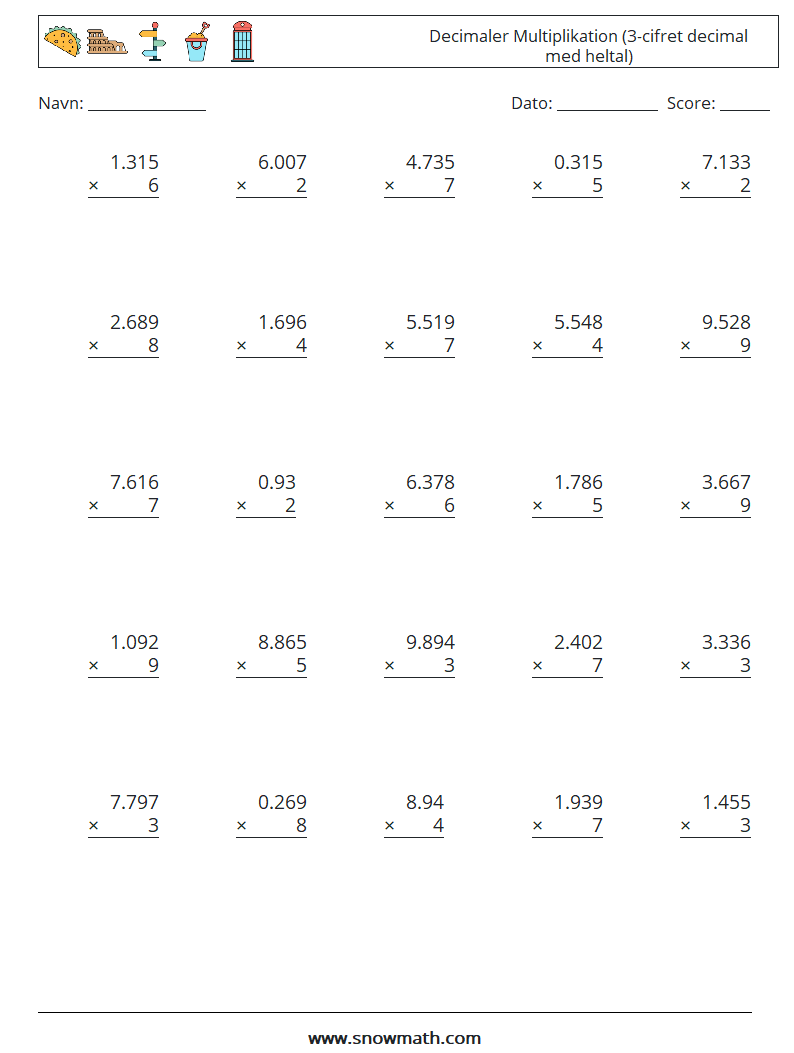 (25) Decimaler Multiplikation (3-cifret decimal med heltal) Matematiske regneark 4