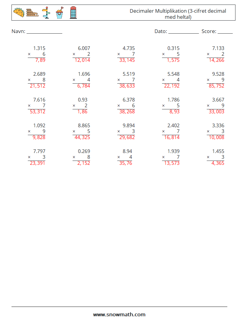 (25) Decimaler Multiplikation (3-cifret decimal med heltal) Matematiske regneark 4 Spørgsmål, svar