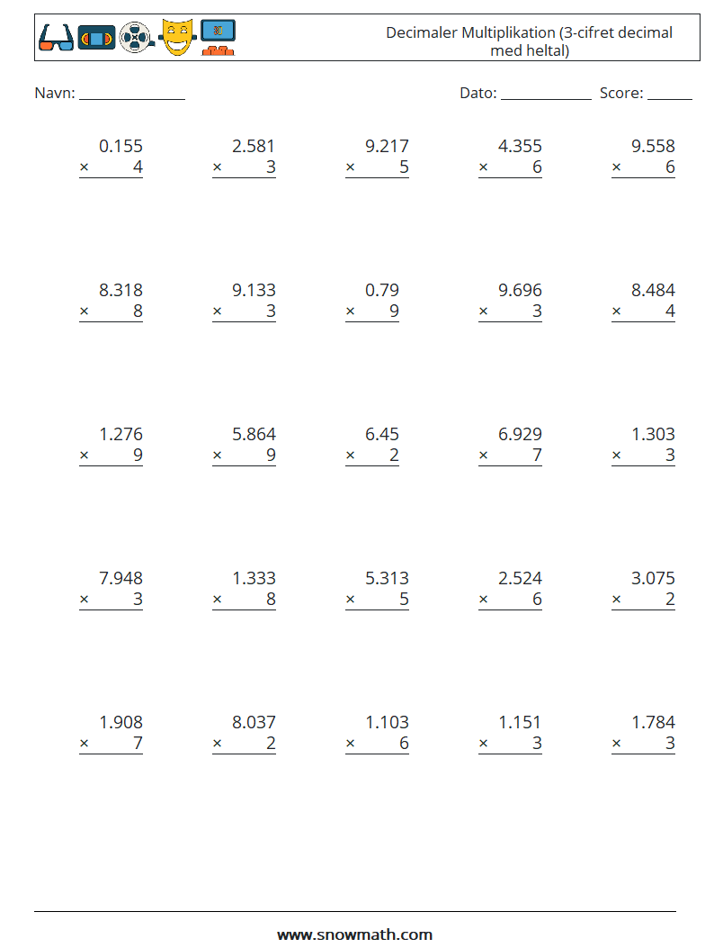 (25) Decimaler Multiplikation (3-cifret decimal med heltal) Matematiske regneark 5