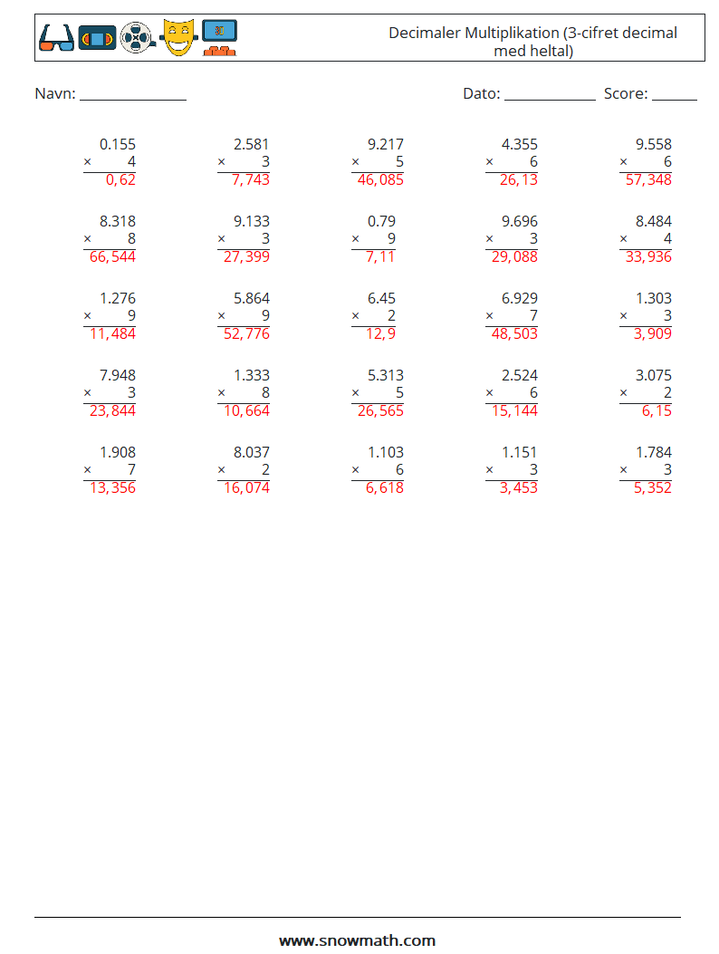 (25) Decimaler Multiplikation (3-cifret decimal med heltal) Matematiske regneark 5 Spørgsmål, svar