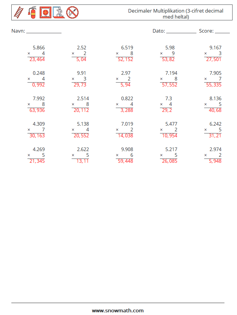 (25) Decimaler Multiplikation (3-cifret decimal med heltal) Matematiske regneark 6 Spørgsmål, svar