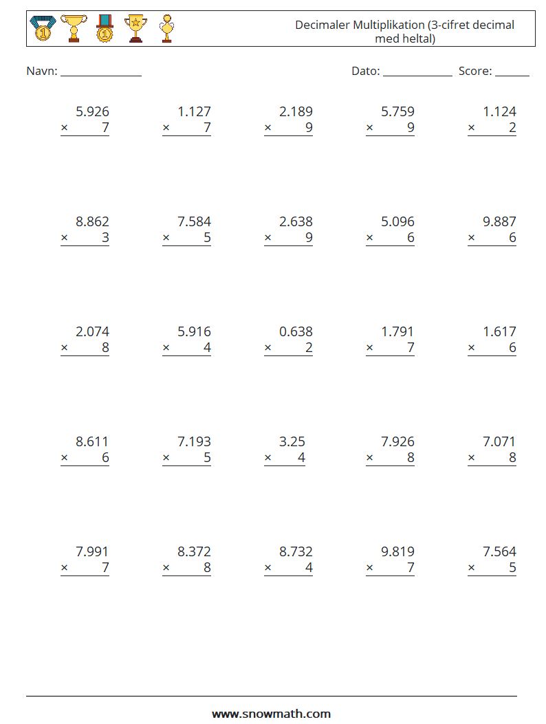 (25) Decimaler Multiplikation (3-cifret decimal med heltal) Matematiske regneark 7