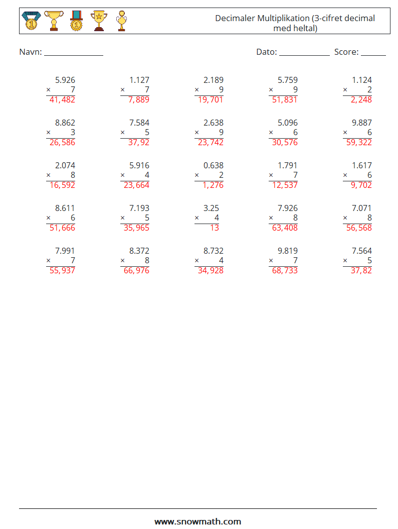 (25) Decimaler Multiplikation (3-cifret decimal med heltal) Matematiske regneark 7 Spørgsmål, svar