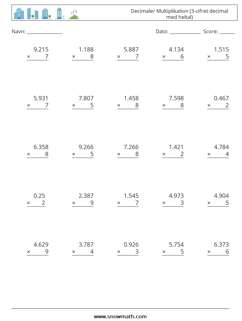 (25) Decimaler Multiplikation (3-cifret decimal med heltal) Matematiske regneark 8