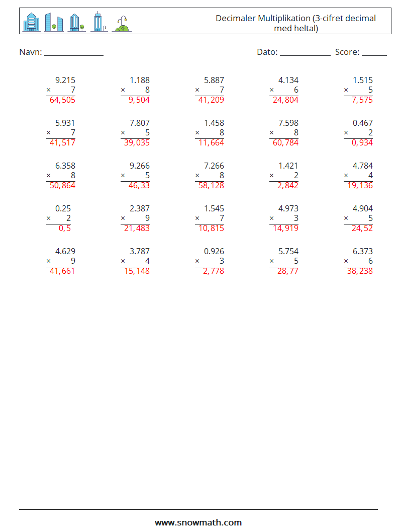 (25) Decimaler Multiplikation (3-cifret decimal med heltal) Matematiske regneark 8 Spørgsmål, svar