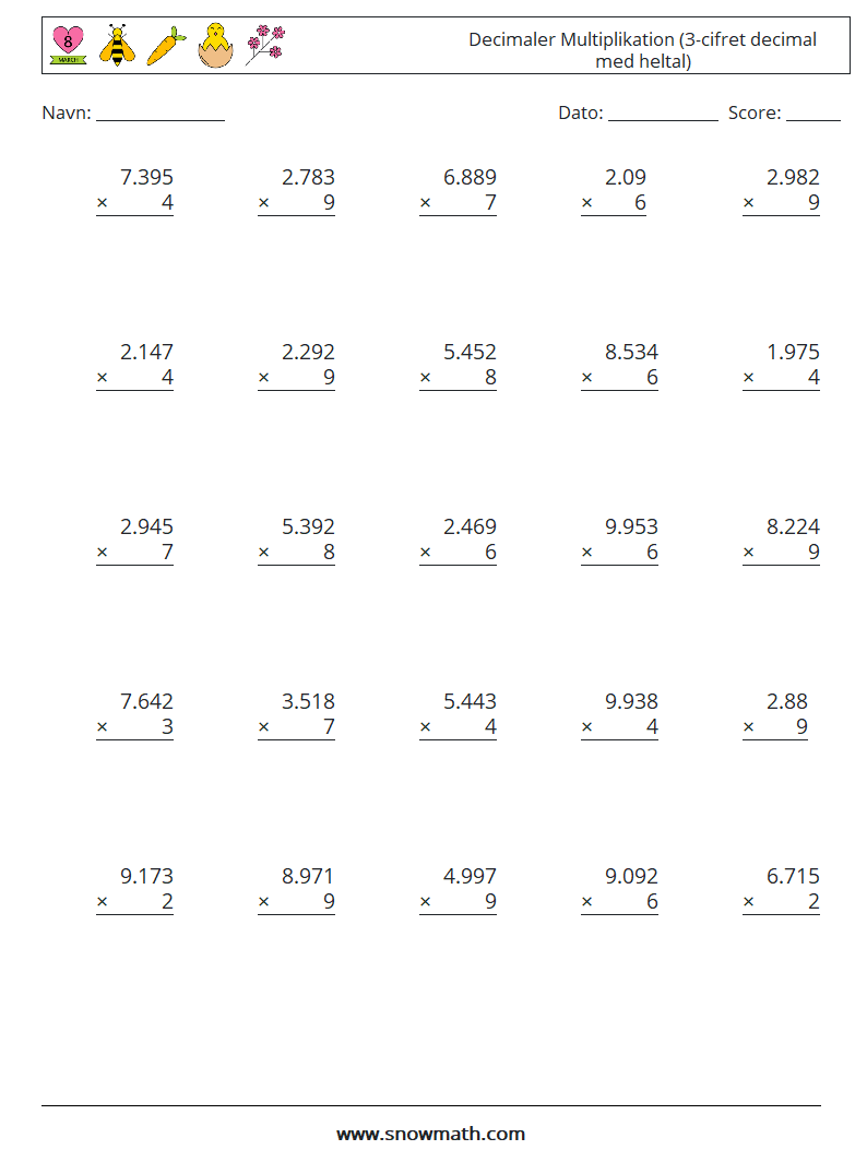 (25) Decimaler Multiplikation (3-cifret decimal med heltal) Matematiske regneark 9