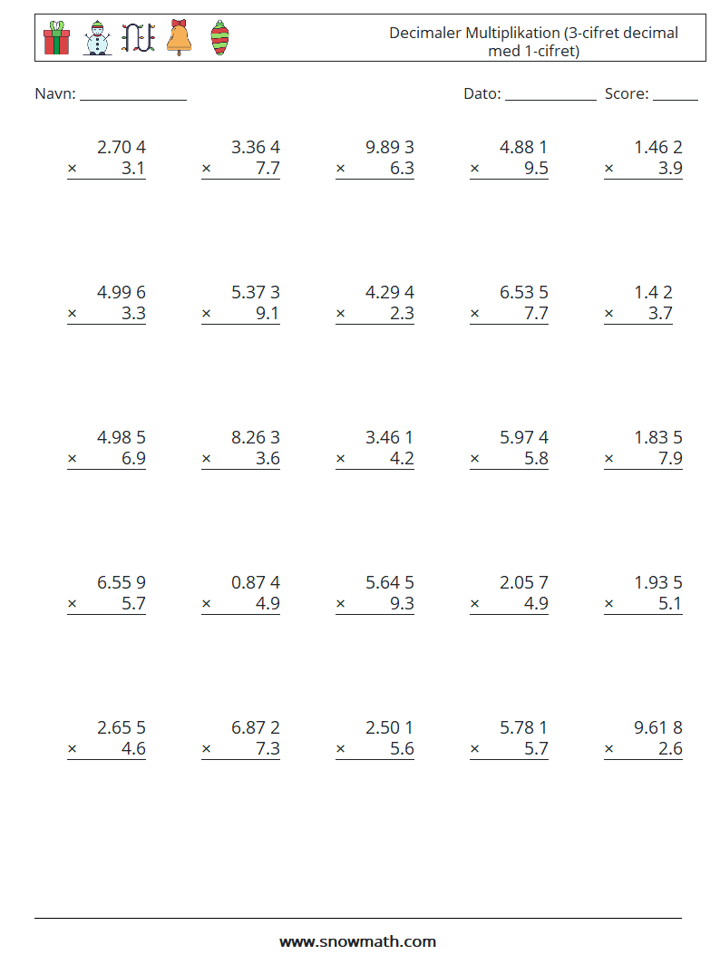 (25) Decimaler Multiplikation (3-cifret decimal med 1-cifret) Matematiske regneark 1