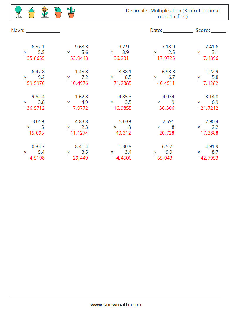 (25) Decimaler Multiplikation (3-cifret decimal med 1-cifret) Matematiske regneark 10 Spørgsmål, svar