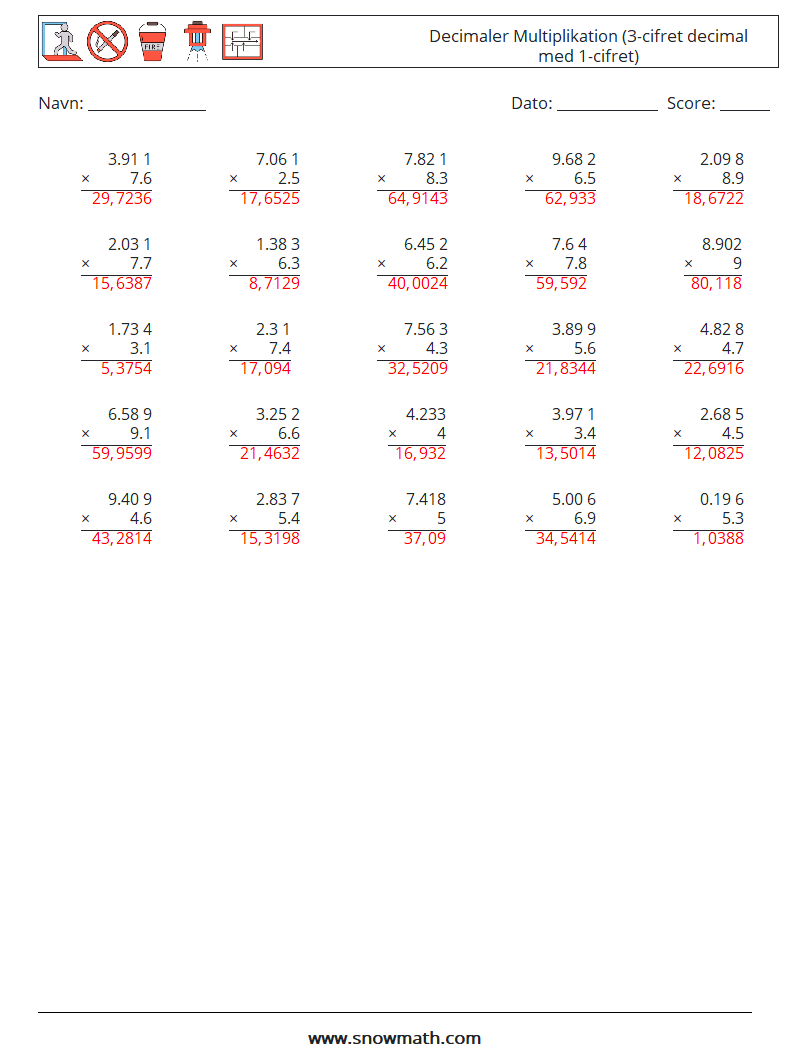 (25) Decimaler Multiplikation (3-cifret decimal med 1-cifret) Matematiske regneark 11 Spørgsmål, svar