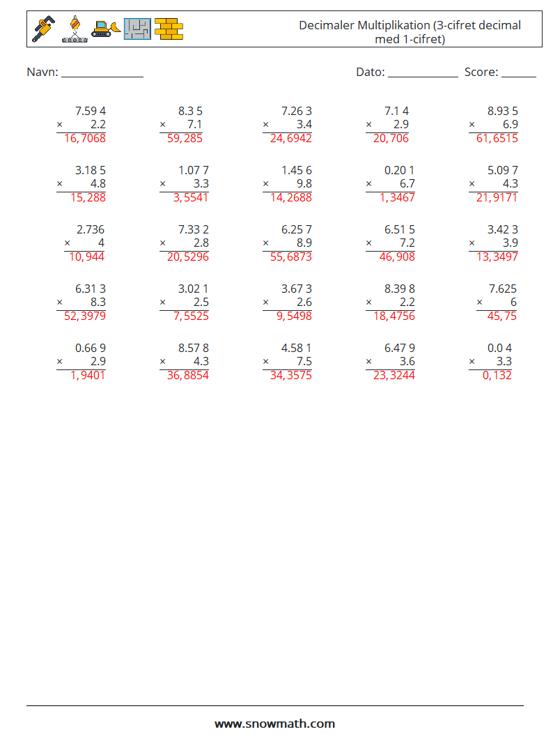(25) Decimaler Multiplikation (3-cifret decimal med 1-cifret) Matematiske regneark 12 Spørgsmål, svar