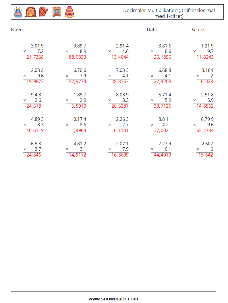 (25) Decimaler Multiplikation (3-cifret decimal med 1-cifret) Matematiske regneark 13 Spørgsmål, svar
