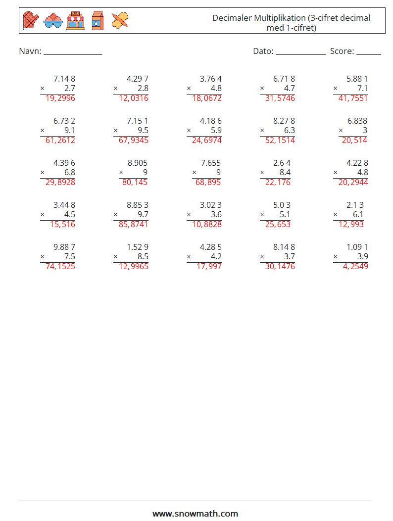 (25) Decimaler Multiplikation (3-cifret decimal med 1-cifret) Matematiske regneark 14 Spørgsmål, svar