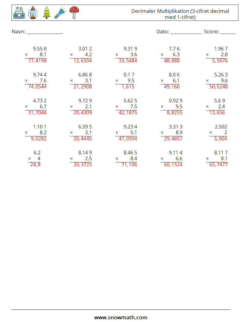 (25) Decimaler Multiplikation (3-cifret decimal med 1-cifret) Matematiske regneark 15 Spørgsmål, svar