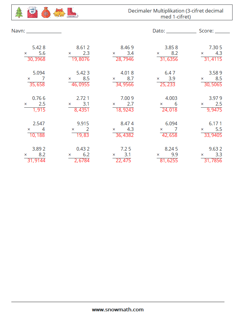 (25) Decimaler Multiplikation (3-cifret decimal med 1-cifret) Matematiske regneark 16 Spørgsmål, svar