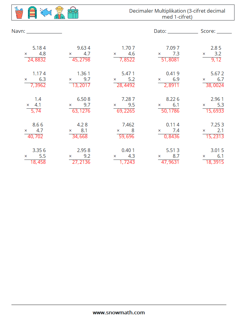 (25) Decimaler Multiplikation (3-cifret decimal med 1-cifret) Matematiske regneark 17 Spørgsmål, svar