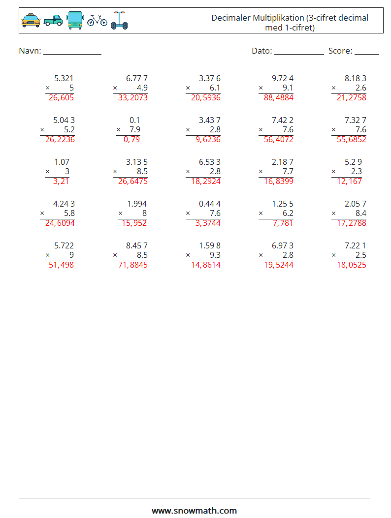 (25) Decimaler Multiplikation (3-cifret decimal med 1-cifret) Matematiske regneark 18 Spørgsmål, svar