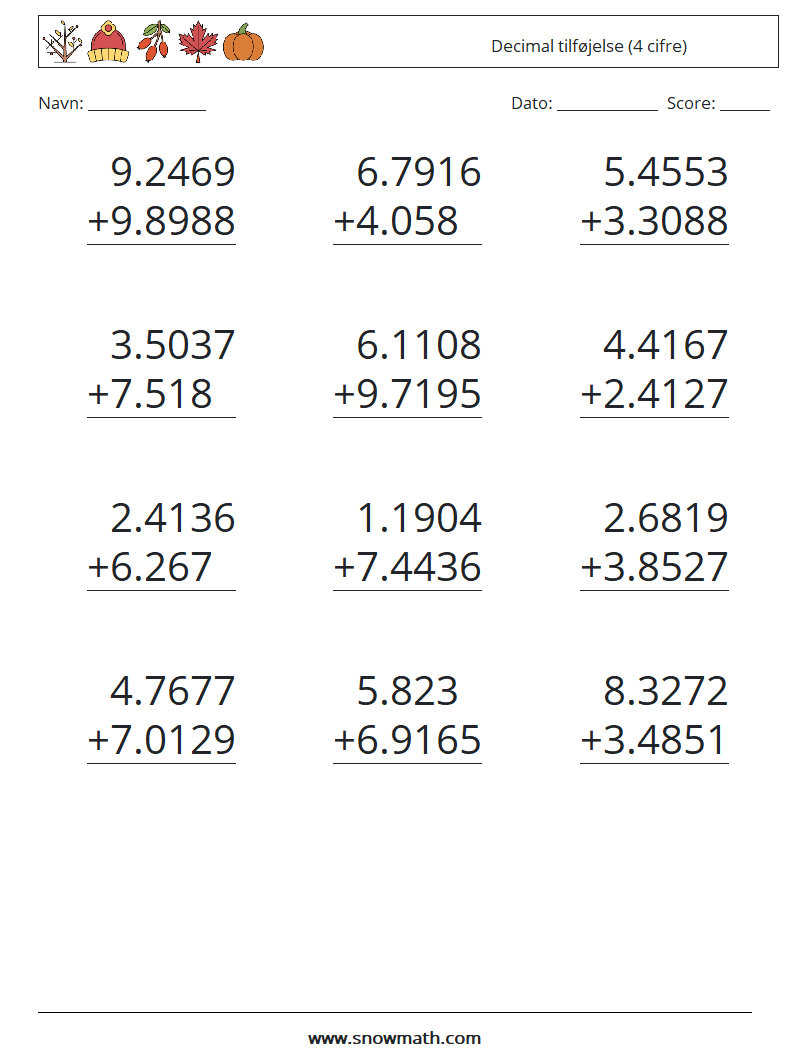 (12) Decimal tilføjelse (4 cifre) Matematiske regneark 10