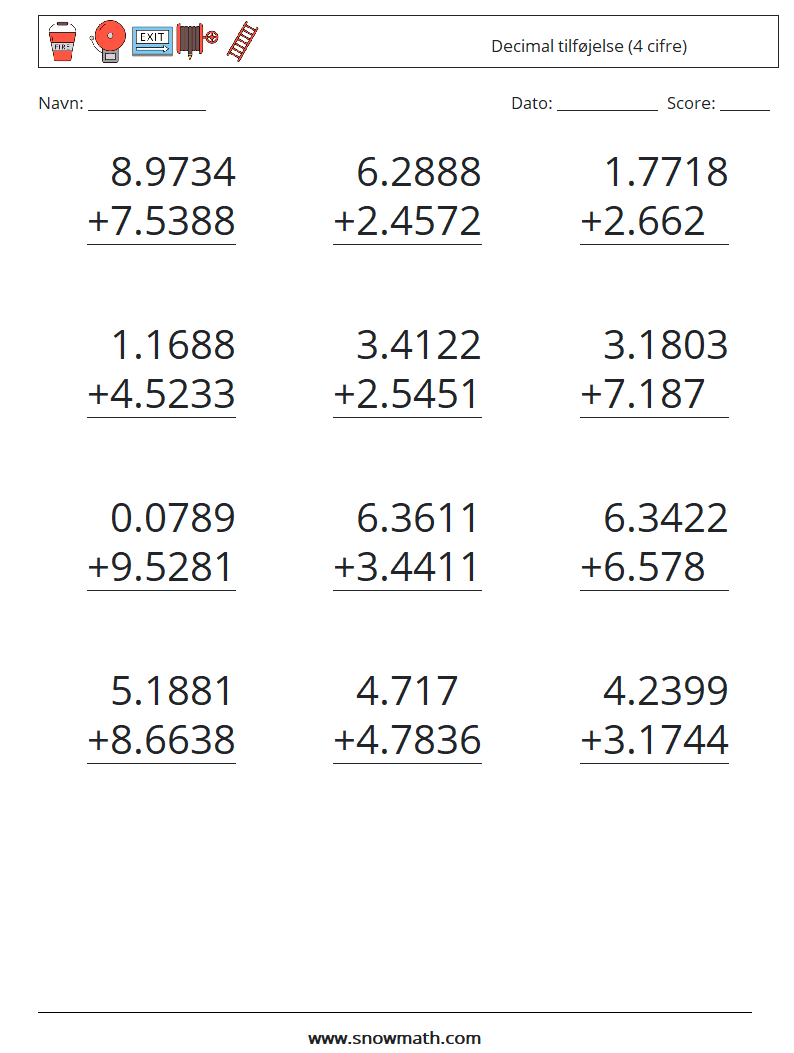 (12) Decimal tilføjelse (4 cifre) Matematiske regneark 11