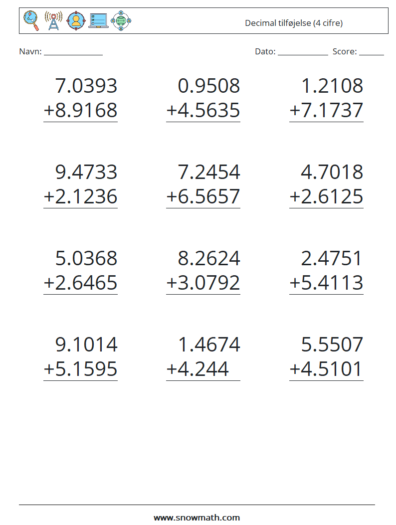 (12) Decimal tilføjelse (4 cifre) Matematiske regneark 12