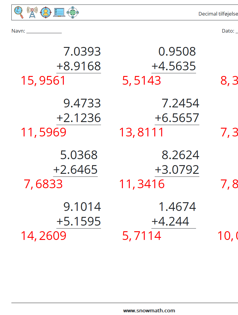 (12) Decimal tilføjelse (4 cifre) Matematiske regneark 12 Spørgsmål, svar